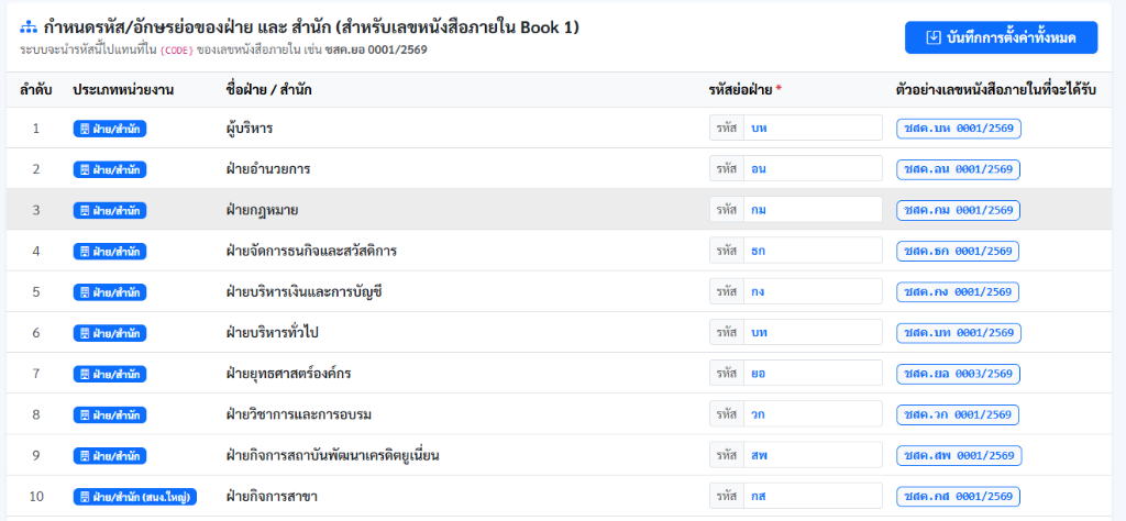 การตั้งค่ารหัสฝ่ายและลำดับเลขที่หนังสือ